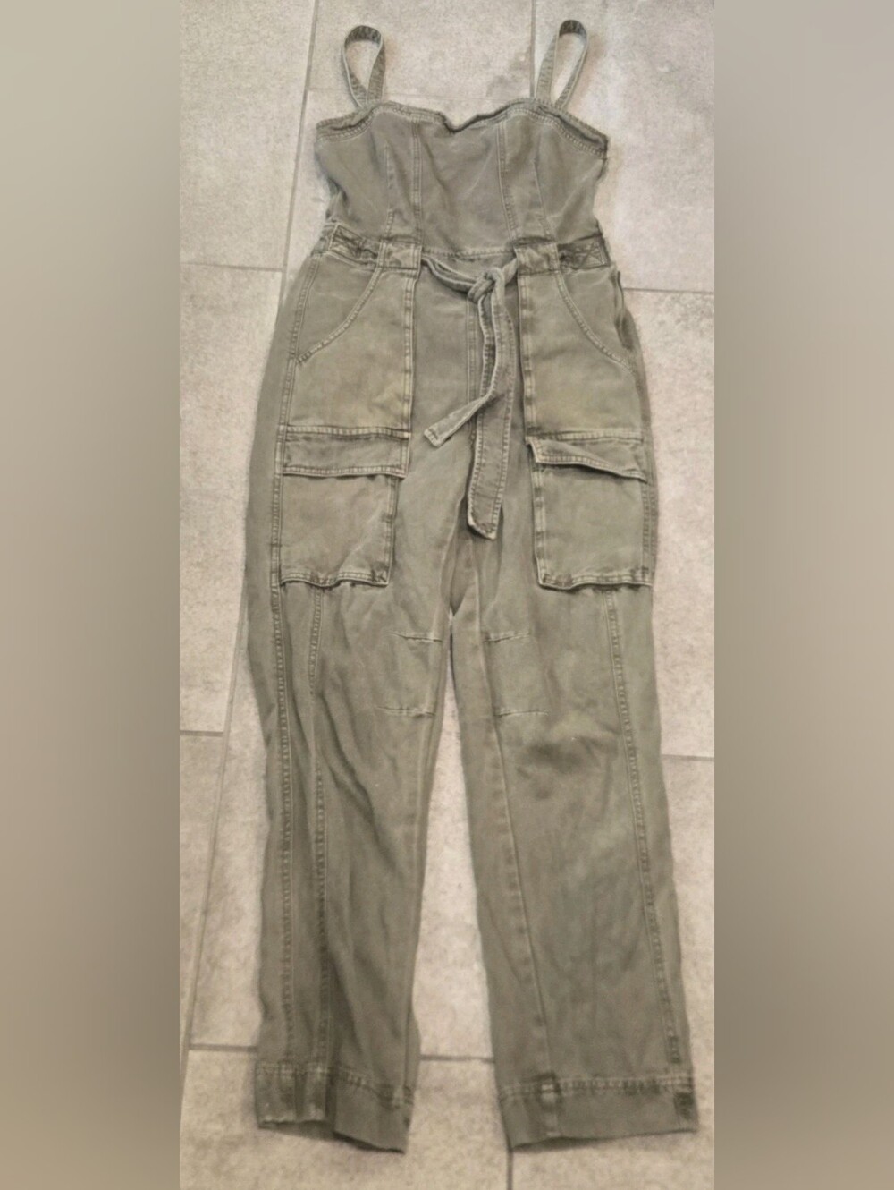 Free People Olive Utility Cargo Denim Overalls